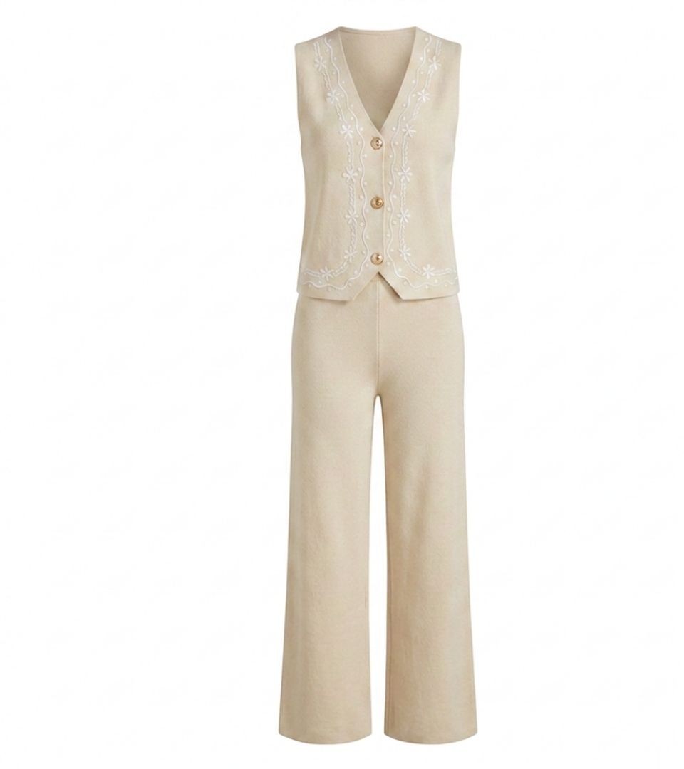 Ensemble Beige Broderie Blanche